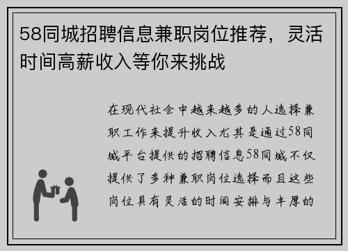 58同城招聘信息兼职岗位推荐，灵活时间高薪收入等你来挑战