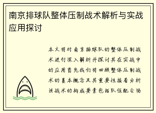南京排球队整体压制战术解析与实战应用探讨
