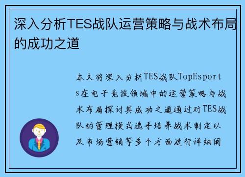 深入分析TES战队运营策略与战术布局的成功之道